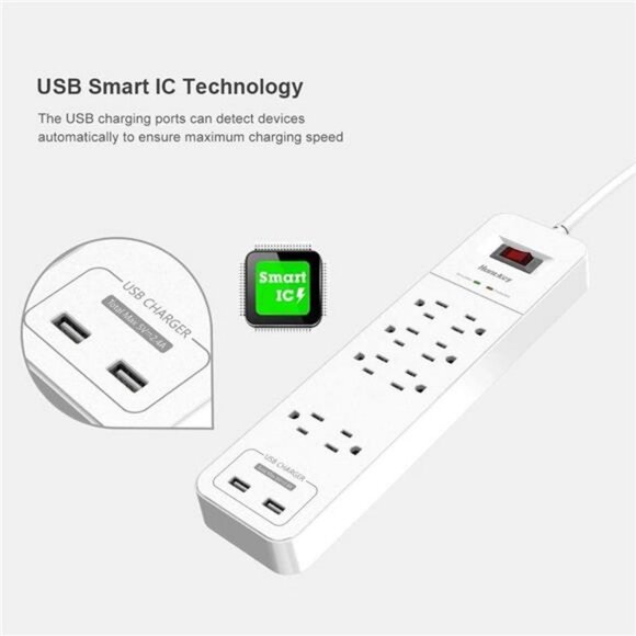 8 Outlets Power Strip Surge Protector, 2 USB Ports Powerstrip 6-Foot - Picture 2 of 7